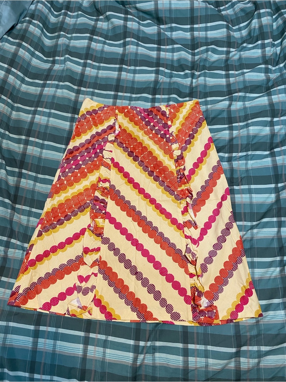Anthropologie Odille Chevron Ruffle A-Line Skirt in Pink, Orange, Yellow, Cream